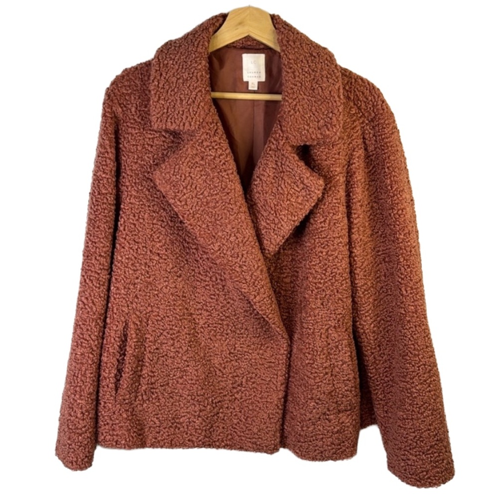 LAUREN CONRAD Women’s Dk Salmon Pink Long Sleeve Shaggy Moto Jacket Coat